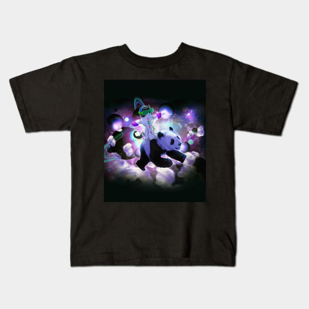 Rave Space Cat Riding Panda Kids T-Shirt by Random Galaxy